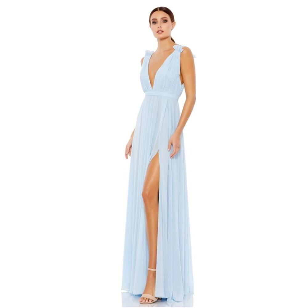NEW NWT Ieena Mac Duggal 55321 Chiffon Gown Mist Blue Ruched Formal Women Size 0